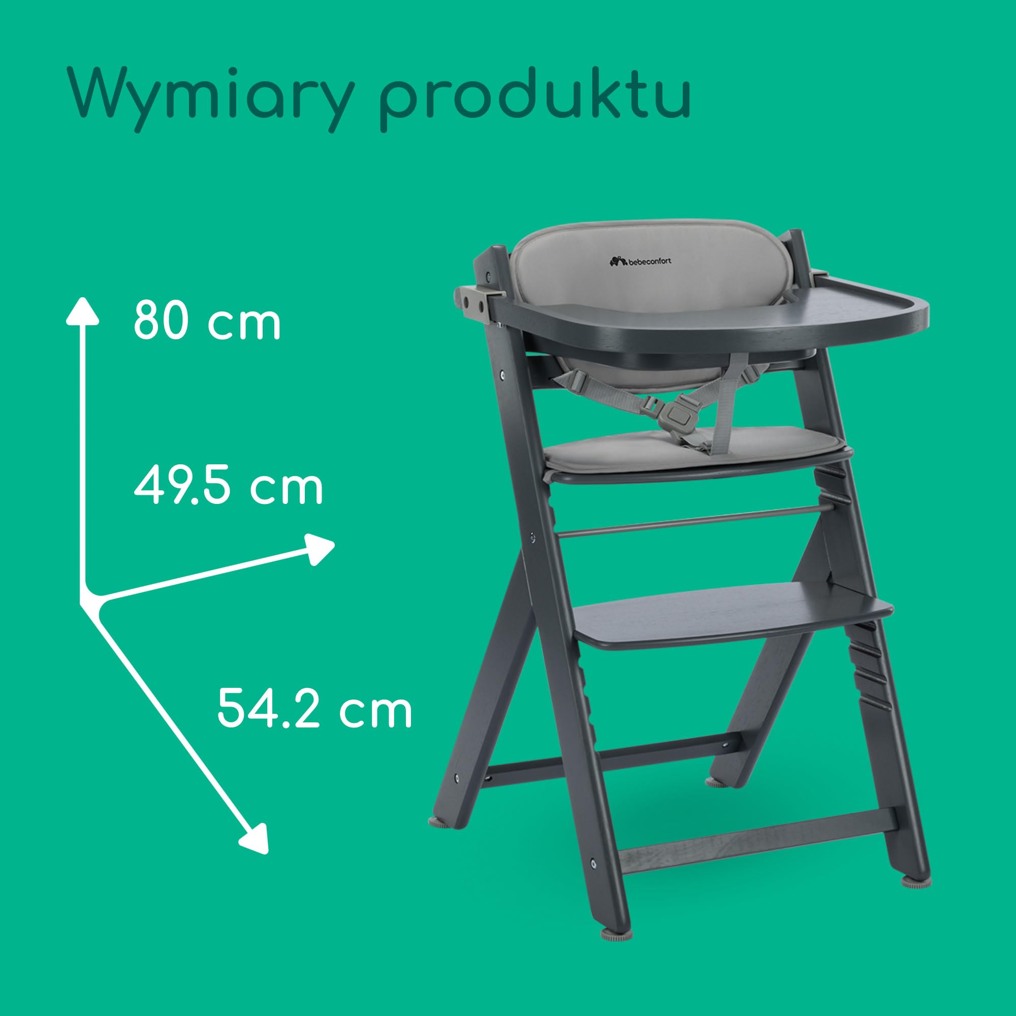 Bebeconfort Timba 2 z Poduszką, Krzesełko Dziecięce Drewniane, 6+ Miesięcy, Do 110 kg, Ergonomiczne Krzesełko do Karmienia, Pasuje do Wielu Stołów, Wyjmowana Taca, Grey Mist