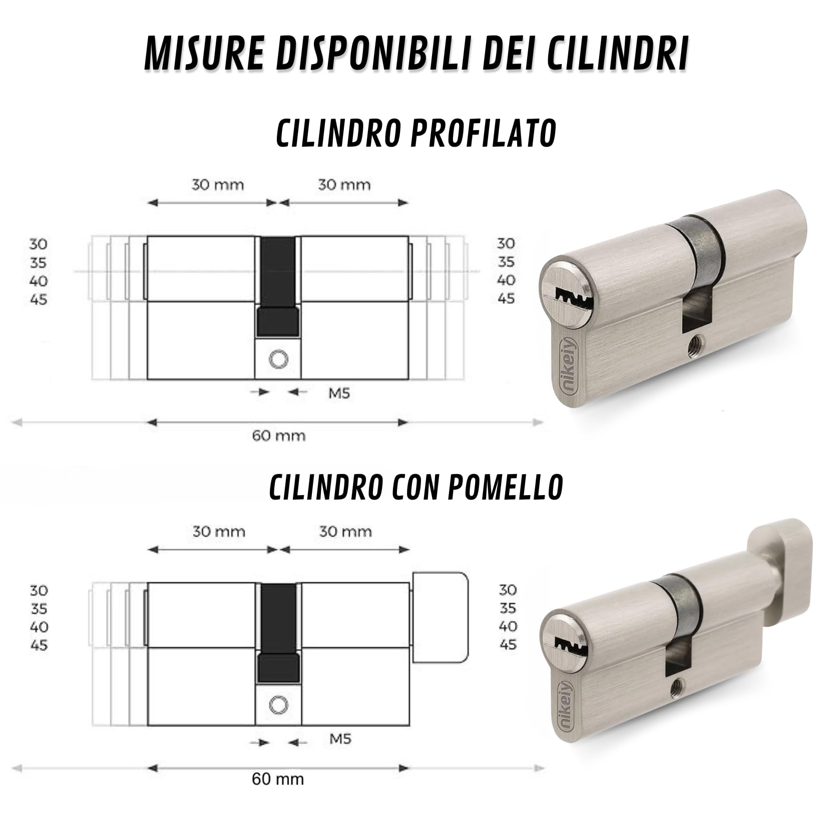 Juego de 3 cilindros para cerraduras de latón 45/45 mm, cilindro con pomo, tornillos y llaves incluidas, fácil montaje, cerradura para puertas y garajes, llave única, longitud 90 mm