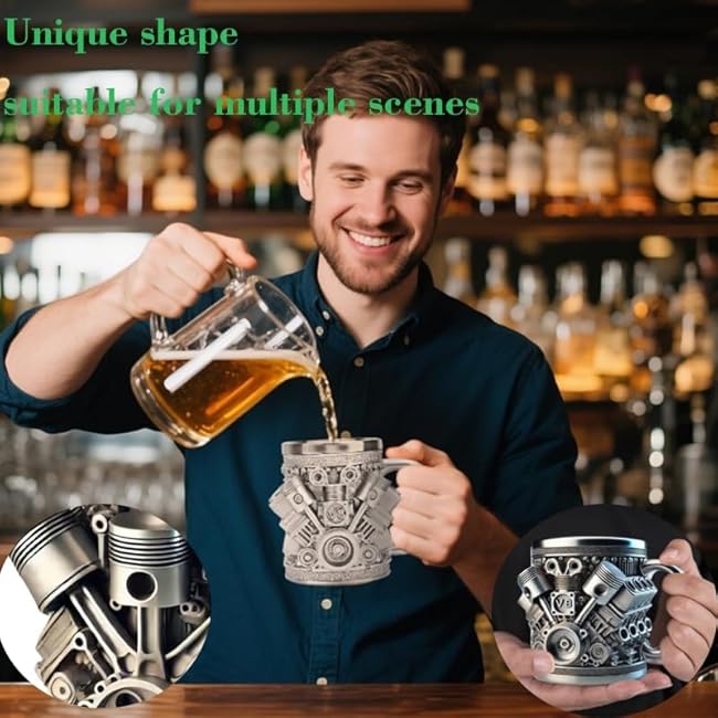 V8 Engine Coffee Mug - Piston Shaped Stainless Steel Cup 15oz | Gifts for Men, Car Enthusiasts & Fathers | Unique Car Lover Gift