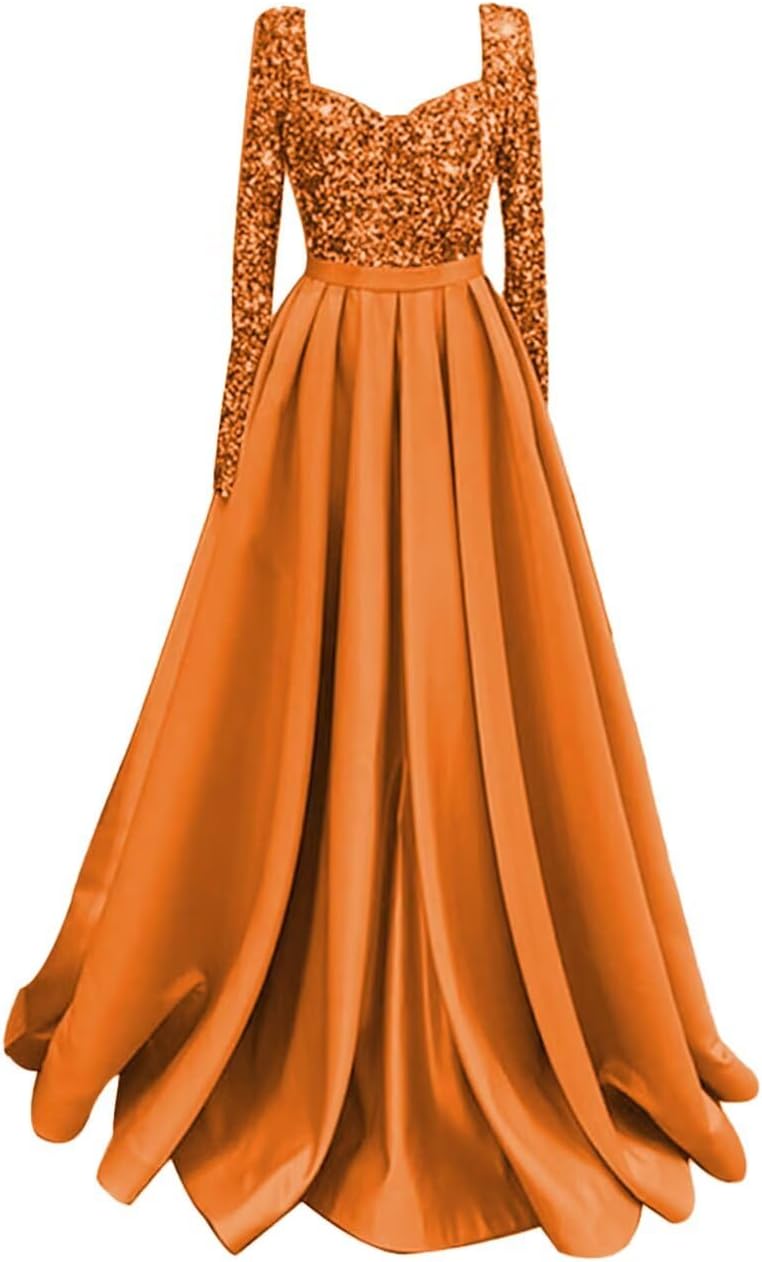 CWOAPO Long Sleeve Sequin Prom Dresses 2025 Long Satin Ball Gowns for Women Formal A-Line Evening Gown with Pockets