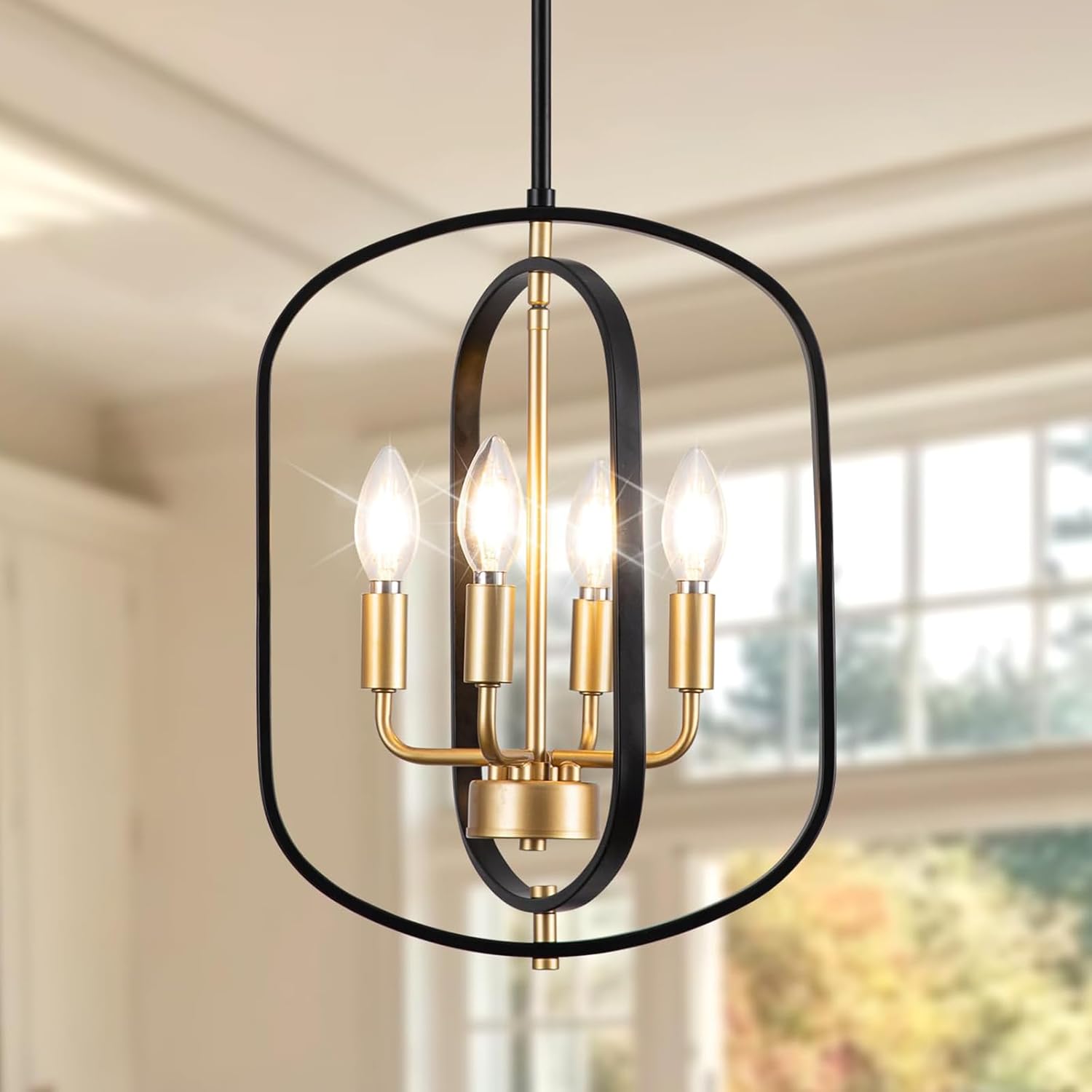 Modern Chandelier for Dining Room, Black and Gold Chandelier Light Fixture, 4-Light Farmhouse Chandelier Lights, Adjustable Rustic Chandeliers for Kitchen Island, Entryway, Foyer, Living Room