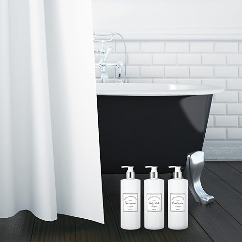 Vista 4 de Juego de 3 botellas con bomba de 16 onzas, botella de champú y acondicionador, dispensador de jabón recargable de plástico, dispensador de ducha