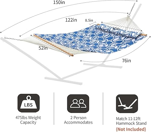 Miniatura 6 de CHULIM Hamaca doble al aire libre con barras separadoras de madera dura, hamaca de cuerda grande con almohada de poliéster y cojín, capacidad de 475