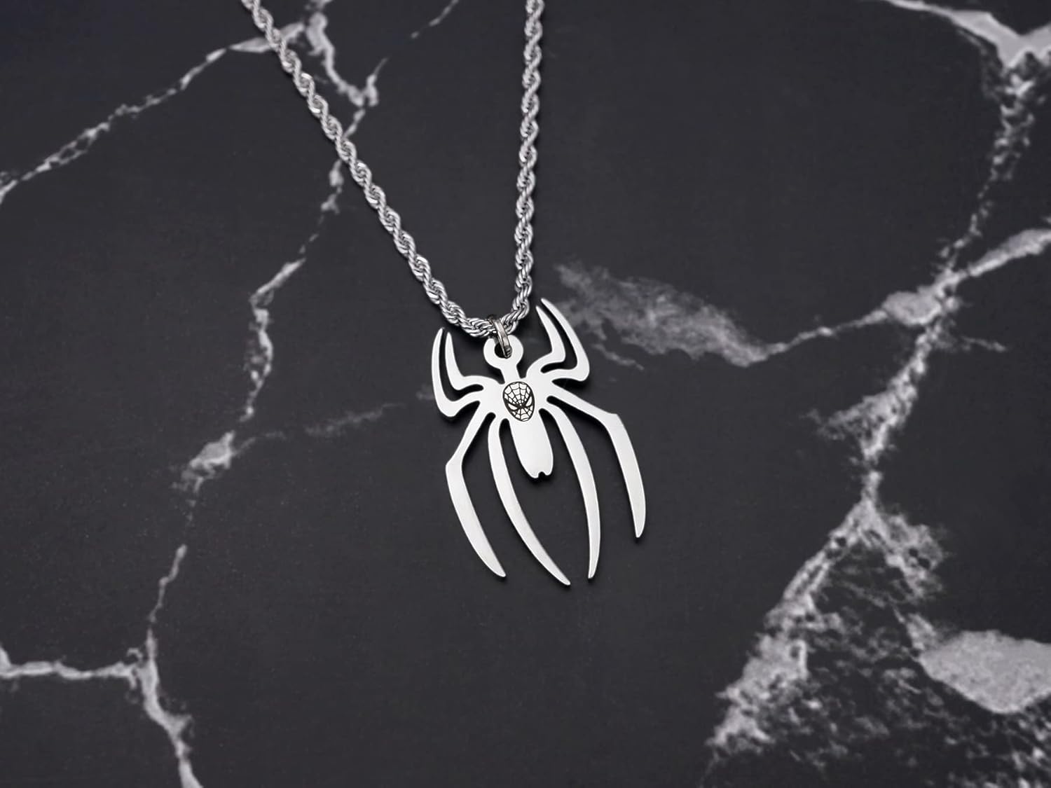 Spiderman Necklace Silver, Marvel Jewelry, Stainless Steel Rope Chain Nickel Free