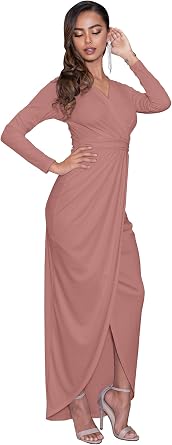KOH KOH Womens Long Sleeve Formal Wrap Cocktail V-Neck Gown Maxi Dress