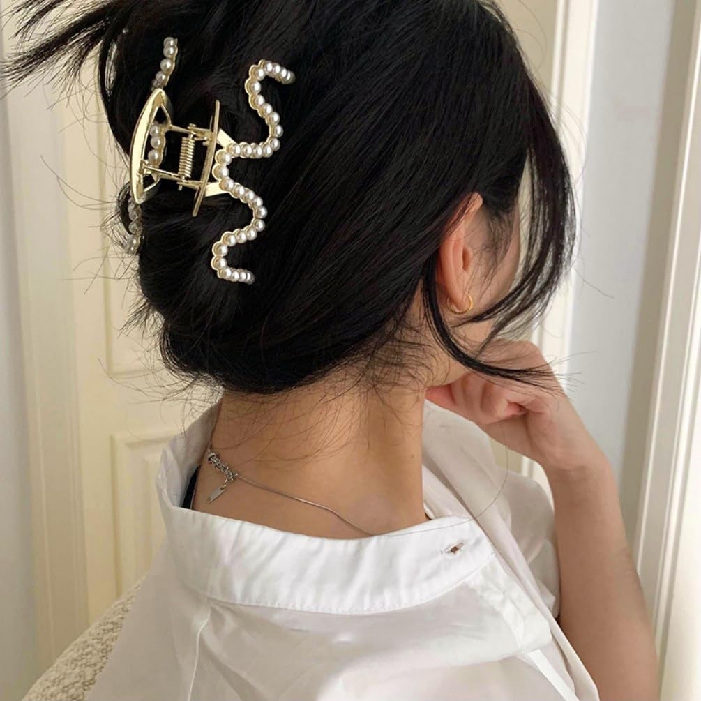 Rhinestone Hair Clips, Textention 3.4 Inch Pearl Claw Clips for Thick Hair, Crystal Metal Hair Jaw Clamps Fashion Hair Accessories for Women Bride Bridesmaid (2 Pack) - Image 8