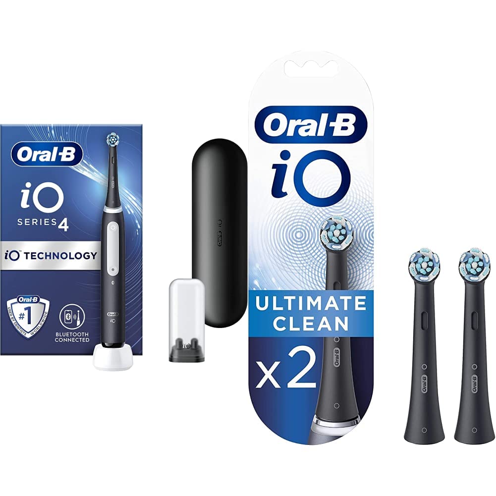 Oral-BiO4 Electric Toothbrush with Revolutionary iO Technology & Travel Case, 4 Modes with Teeth Whitening, UK 2 Pin Plug, Black & iO Ultimate Clean Electric Toothbrush Head