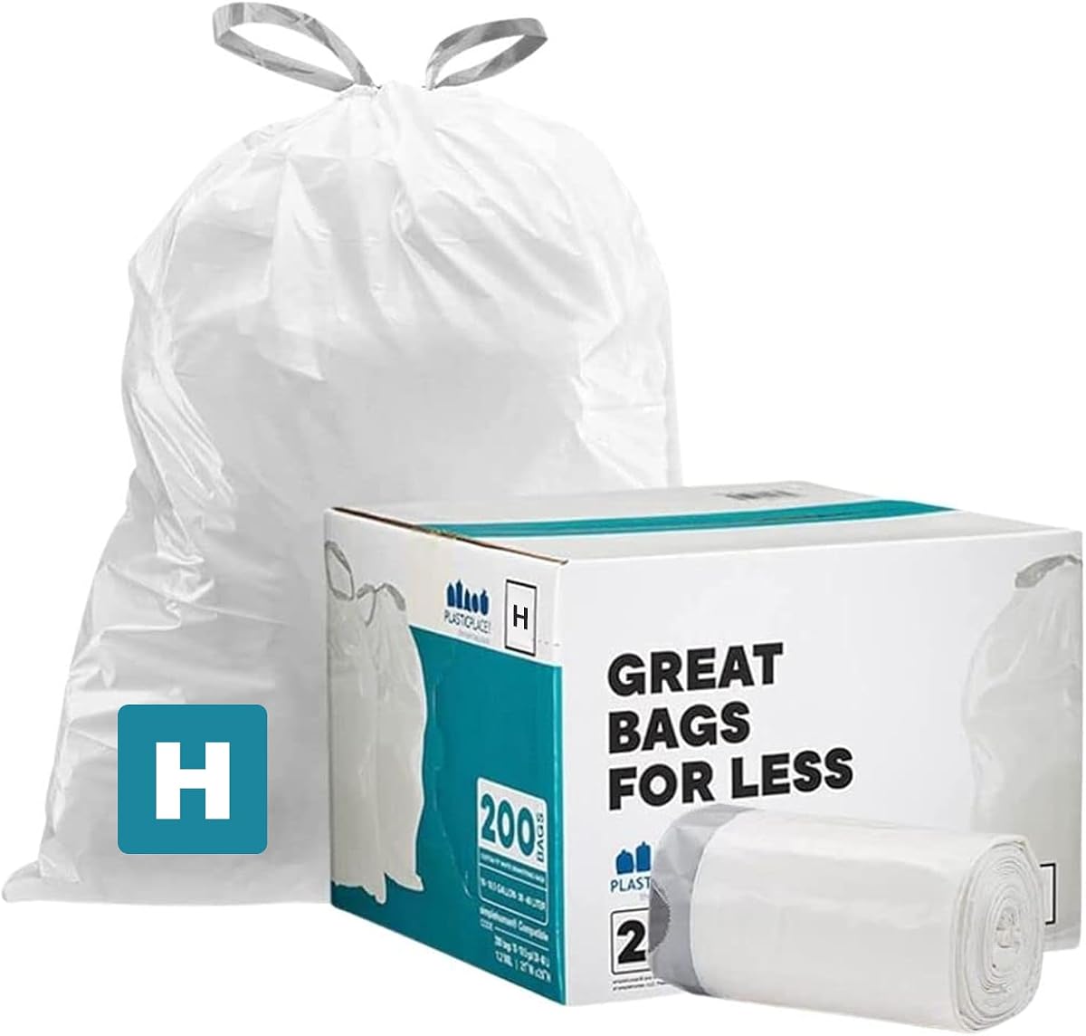 Bolsas de basura de ajuste personalizado Plasticplace, compatibles con bolsas con cordón Simplehuman Code H, forro resistente a desgarros de 8-9 galones, eliminación de residuos de alta resistencia de 200 unidades