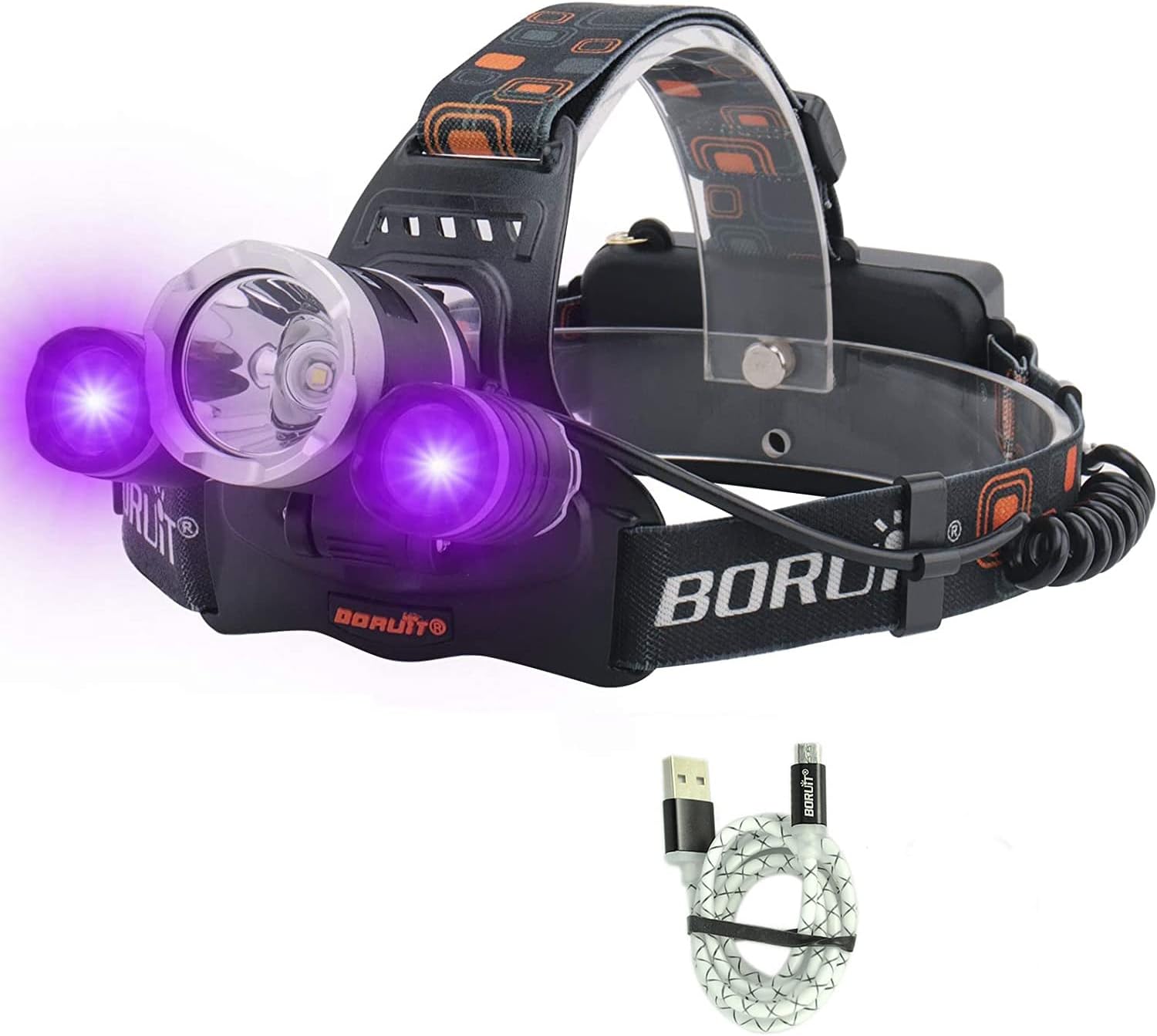LED Light Headlamp 5000 Lumens Rechargeable Blacklight Headlight for Night Fishing, Scorpions Hunting, Auto Oil and HVAC Leaks, Detect Fake Money/Jewelry/Pet Urine Stains (UV+White Light)