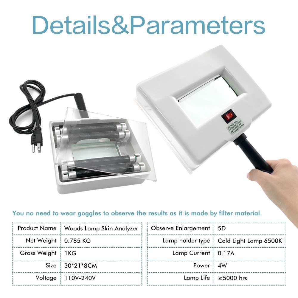 Woods Lamp Analizador de piel, analizador de aumento profesional Detector de piel Prueba de belleza Cuidado facial SPA Máquina de salón en casa, se puede probar fácilmente en casa
