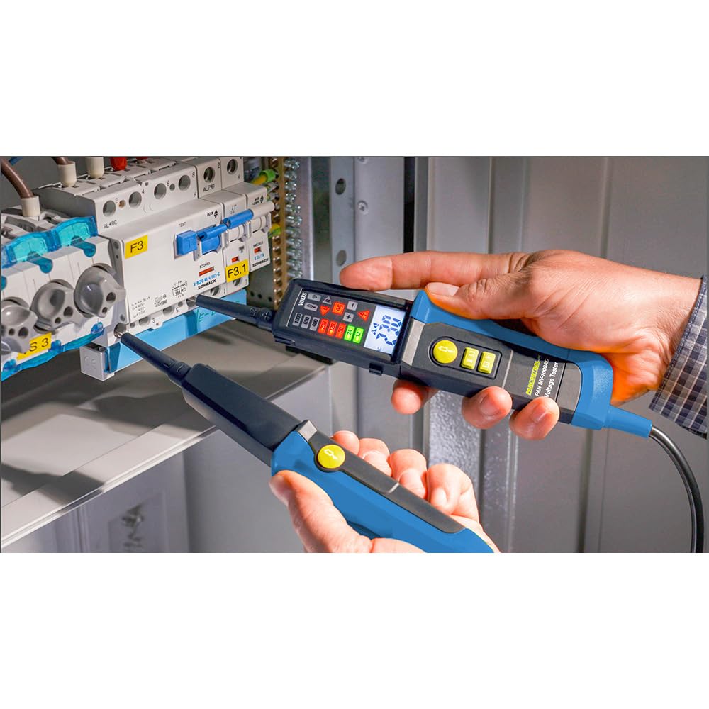Probador de voltaje y continuidad, 1000V, con pantalla digital y funciones de prueba para verificar circuitos eléctricos y dispositivos.