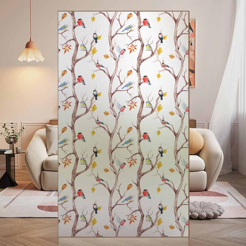 Window Privacy Film UV Blocking Heat Control Window Covering Static Cling Birds Flower Decorative Glass Stickers (40x100cm)