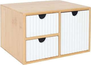 Relaxdays Schubladenbox Cajonera de bambú y MDF, 3 cajones estriados, Altura: 15 x 25 x 20 cm, Organizador de Escritorio, Color Natural, Tablero de Fibra, Blanco/Crema