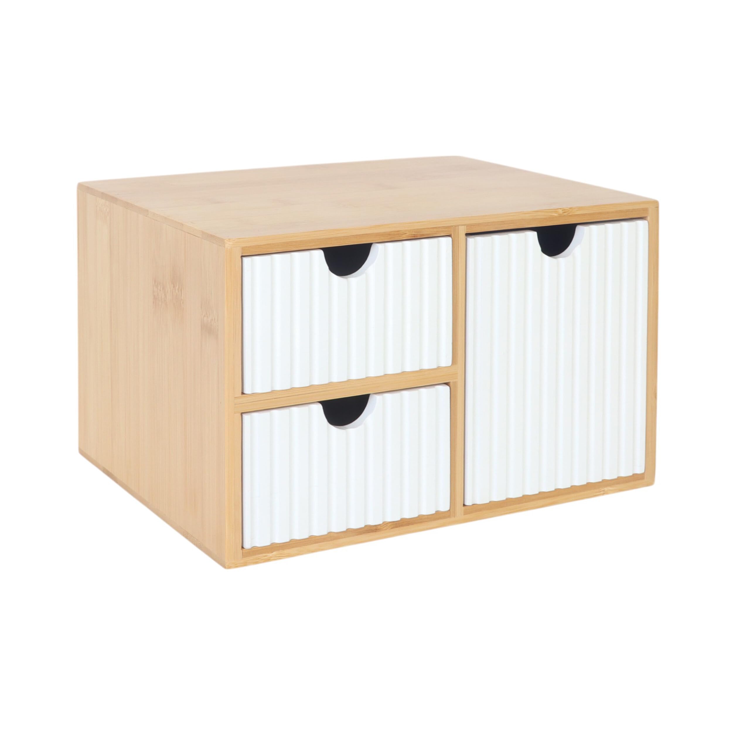 Relaxdays drawer box, bamboo & MDF, 3 ribbed drawers, HWD: 15 x 25 x 20 cm, desk organiser, white/natural