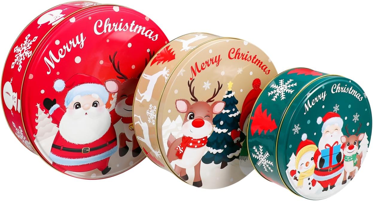 Hemoton Christmas Cookie Tins with Lids for Gift Giving, 3 Pack Round Christmas Tin Containers, Metal Nesting Containers for Holiday Use, Large Medium Small