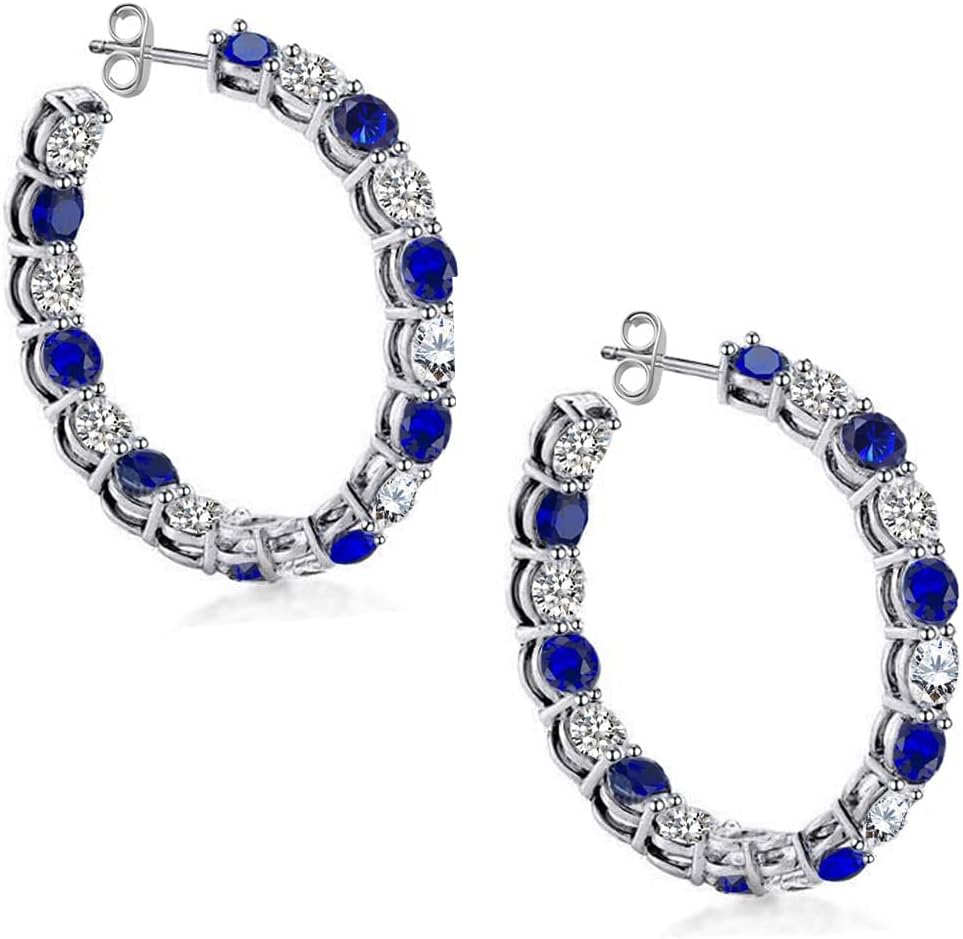 Savlano 14K Gold Plated White & Blue Cubic Zirconia Inside Out Round Cut Hoop Stud Earrings for Women Comes with a Gift Box - Image 2