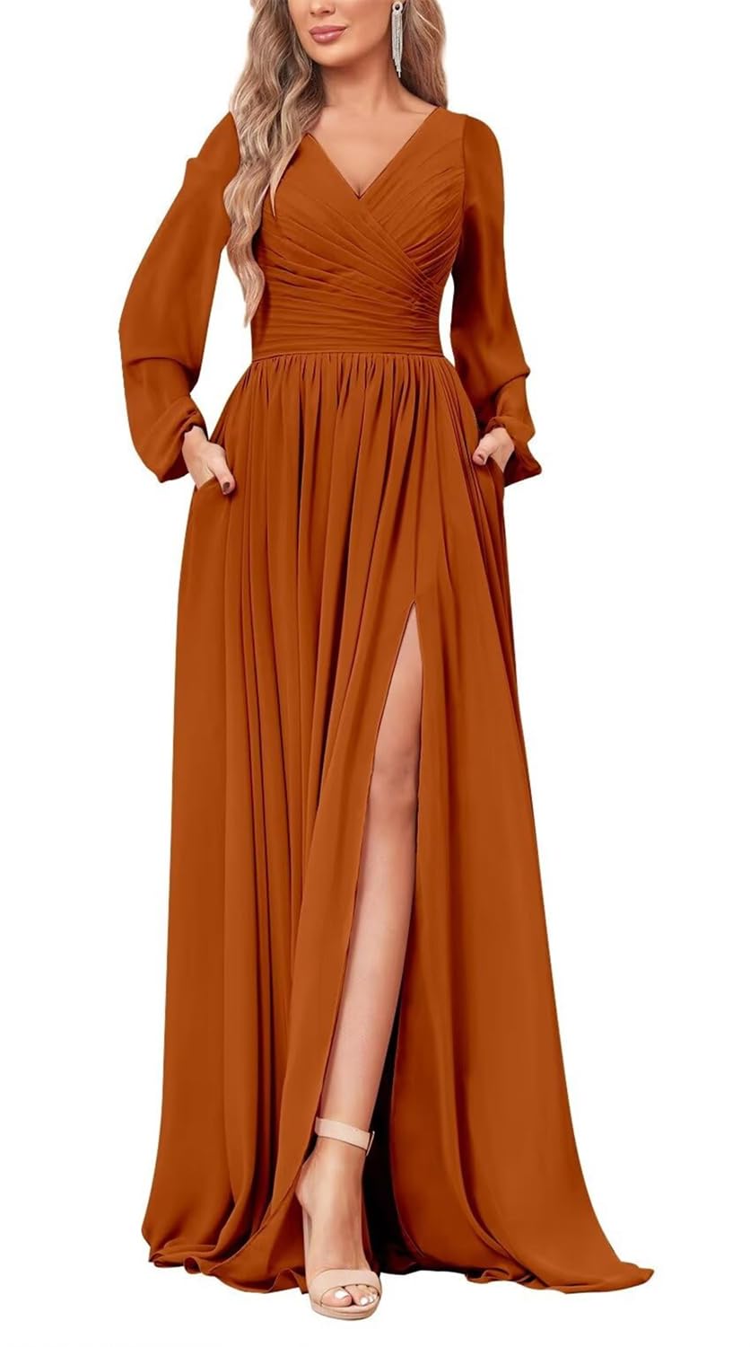 HPPEE Plus Size Wedding Bridesmaid Dresses with Sleeves Burnt Orange Chiffon Formal Wedding Guest Dress Maid of Honor UK22