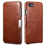 iPhone 7 Leather Case, Icarercase Genuine Vintage Leather Side Open Case in Slim Thin Design, Flip Folio Style Cover with Magnetic Closure for Apple iPhone 7 4.7 Inch (Brown)