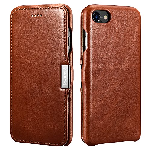 ICARERCASE iPhone 8 Case iPhone 7 Leather Case, Genuine Vintage Leather Side Open Case in Slim Thin Design, Flip Folio Style Cover with Magnetic Closure for Apple iPhone 7/8 4.7 Inch (Brown)