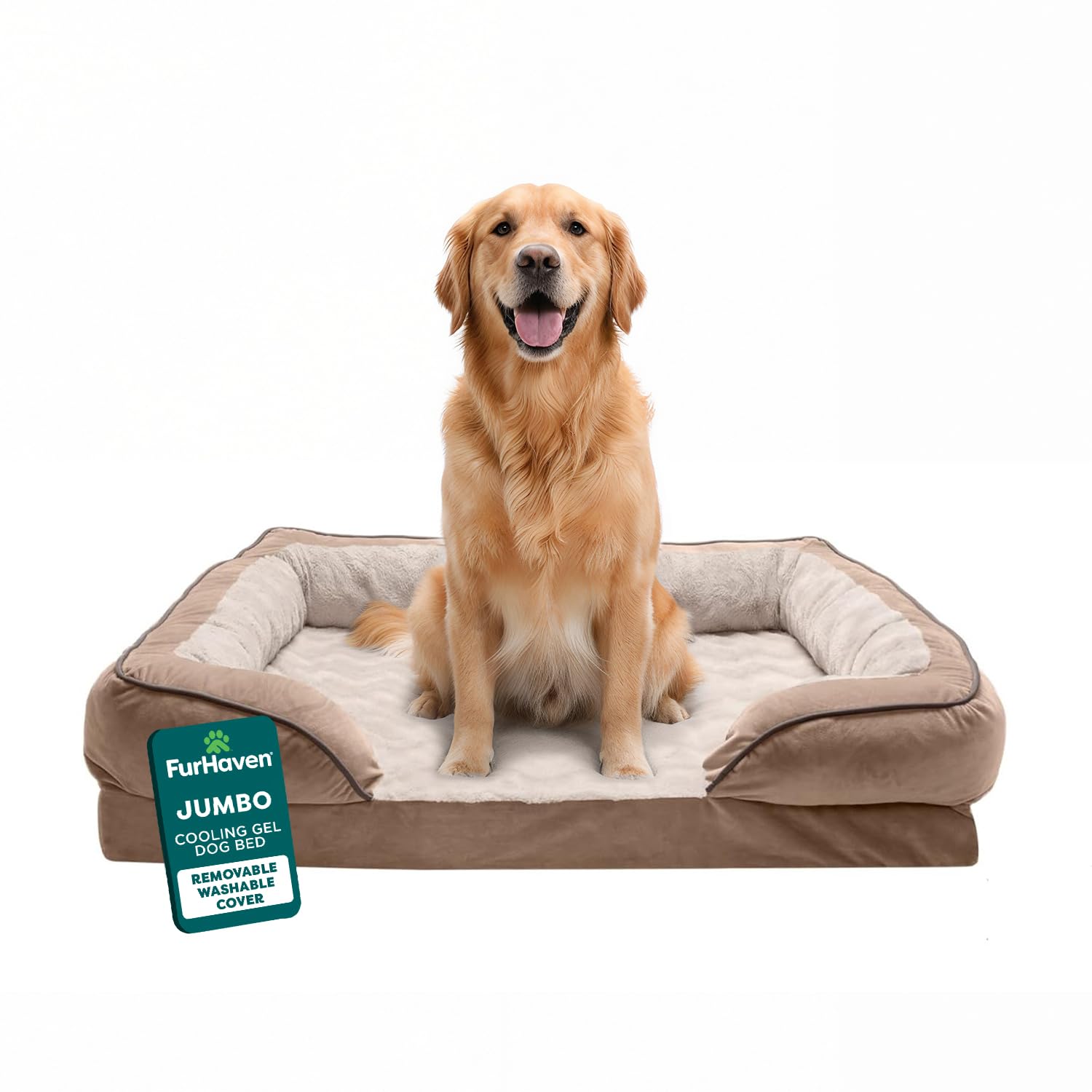 FurHaven Cooling Gel Dog Bed for Large Dogs, Perfect Comfort Sofa Bed, Cool Gel-Top Foam & Solid Orthopedic Foam Base for Joint Support, Removable Washable Cover, Jumbo/XL, Plush & Velvet, Brownstone