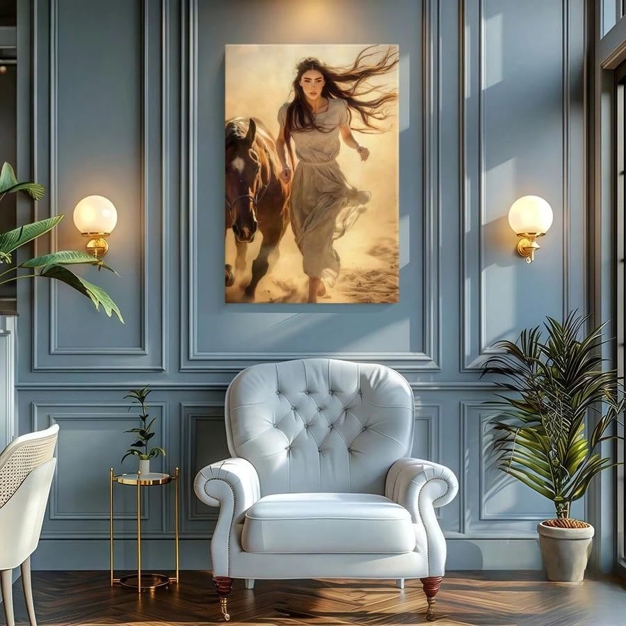 Style bohème western : peinture de dame à cheval sans cadre