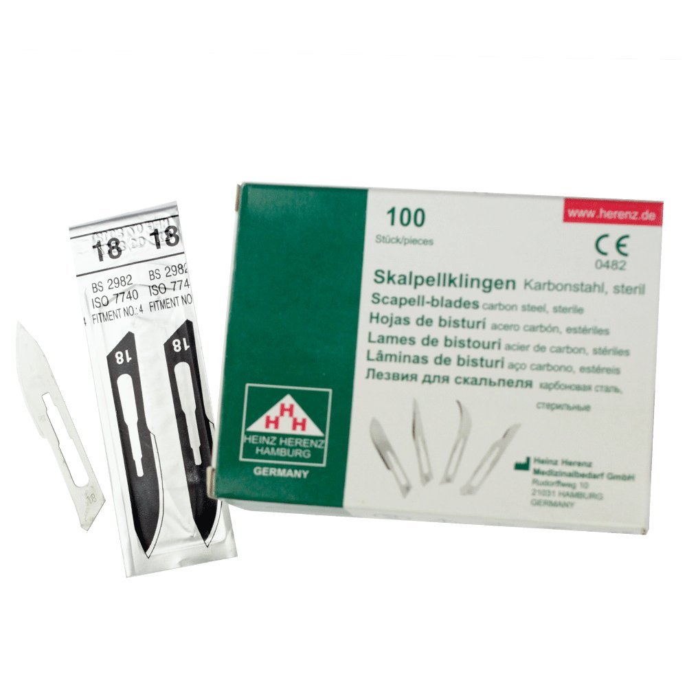 Set - 100 piezas hojas de bisturí No. 18 y mango de bisturí No. 4 - Hojas de repuesto para bisturí hechas de acero al carbono - Estéril