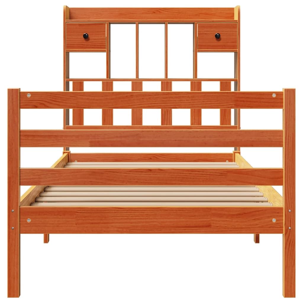 lite drewno sosnowe z regałem zagłówek 75x190 cm brąz | Łóżko z regałem i szufladami, sosnowe, woskowy brąz, 75x190 cm, bez materaca, z listwowym stelażem, zagłówek z półkami