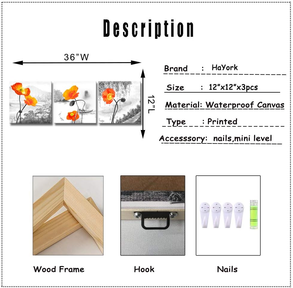 Derkymo3 Panels Orange Poppy Picture Prints on Canvas Black and White Wall Art Elegant Flower Artwork for Dining Room Bedroom Framed Ready to Hang 12"X12"x3pcs