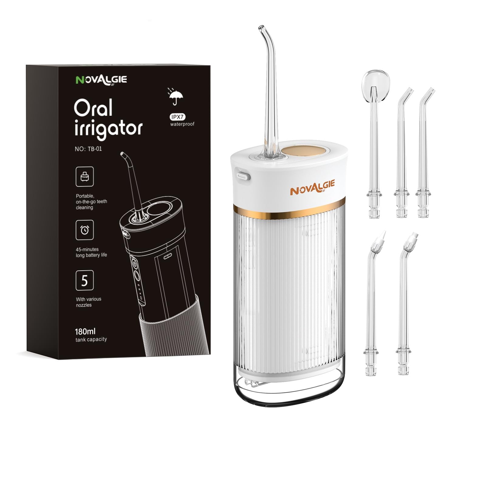 Irrigador bucal portátil de viaje: mini irrigador oral inalámbrico con tanque telescópico de 180 ml, 3 modos, 5 boquillas, limpiador de dientes impermeable IPX7 para aparatos ortopédicos