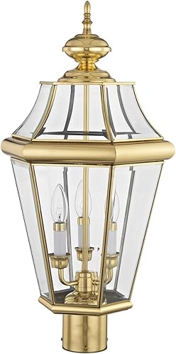 Miniatura 8 de Livex Lighting 2364-02 Poste al aire libre con pantallas de vidrio biselado transparente, latón pulido
