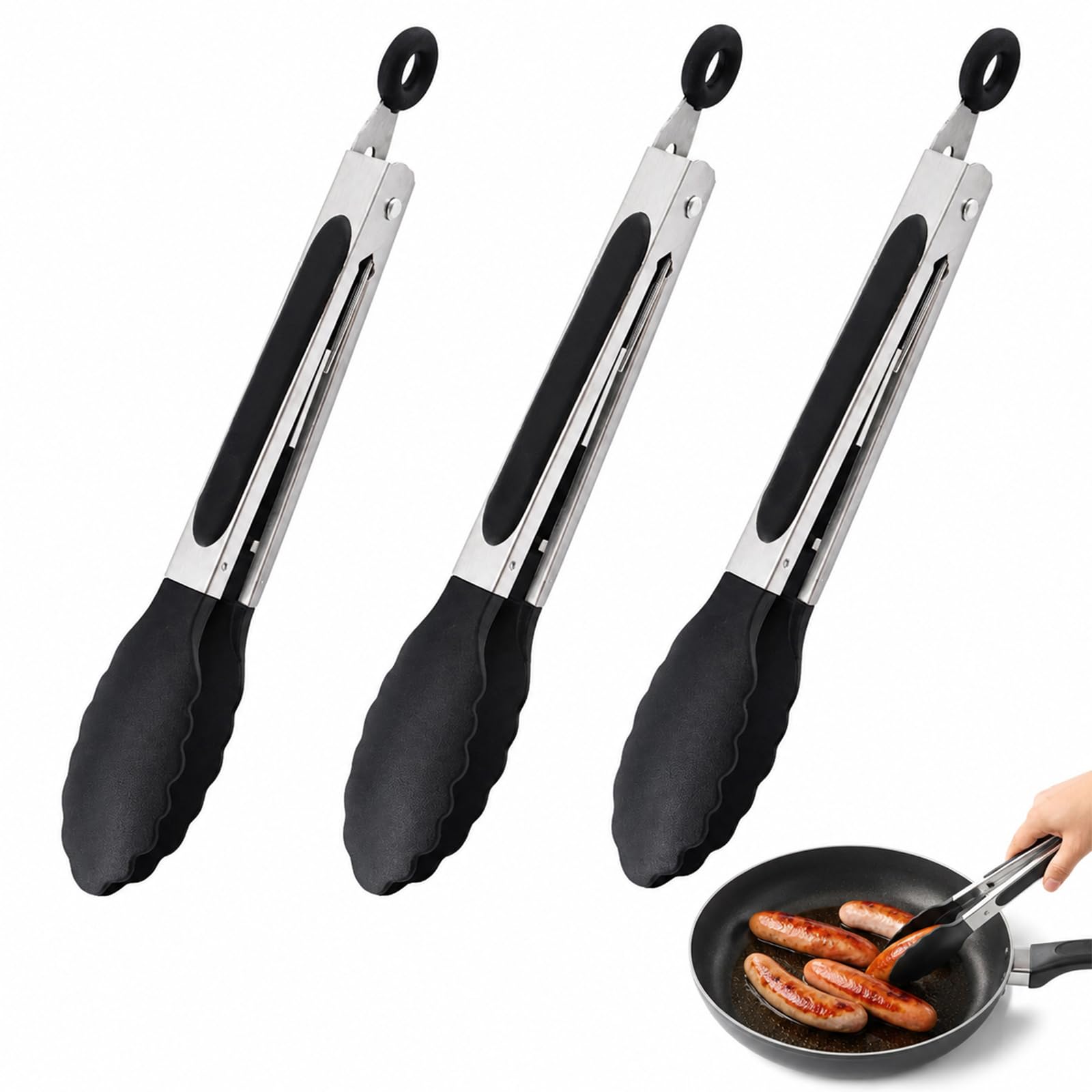 3 Pack Small Kitchen Tongs with Silicone Tips, 7 Inch Black Mini Cooking Tongs, Non Stick Silicone Food Tongs for Salad Grilling, Dishwasher Safe