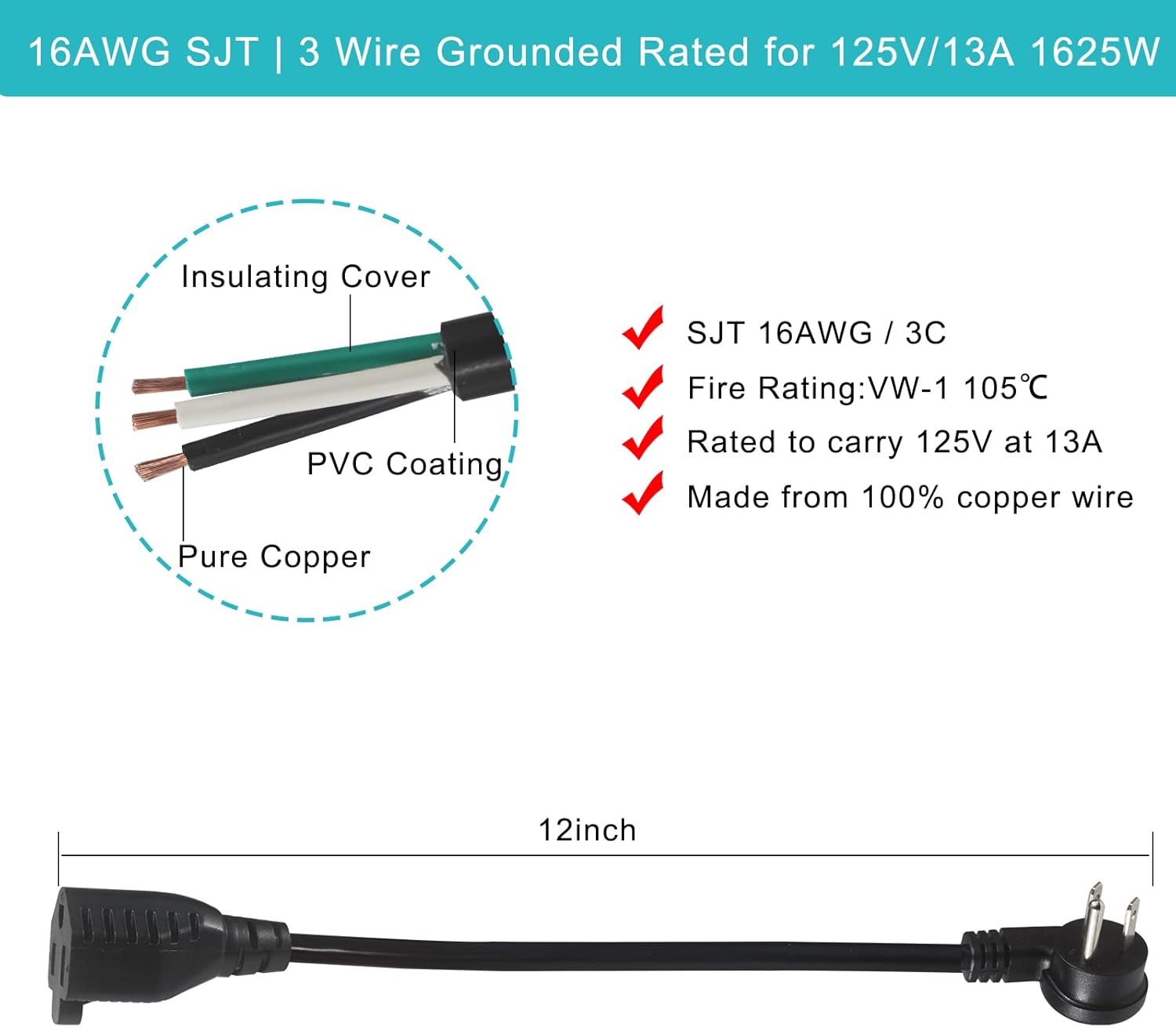 Short Flat Plug Extension Cord 1 Foot- Low Profile Angle Flat Plug Ground 1FT Indoor AC Extension Cord Short 3 Prong Grounded Extension Cable SJT 16AWG Heavy Duty Flexible Power Cord (3 Pack)