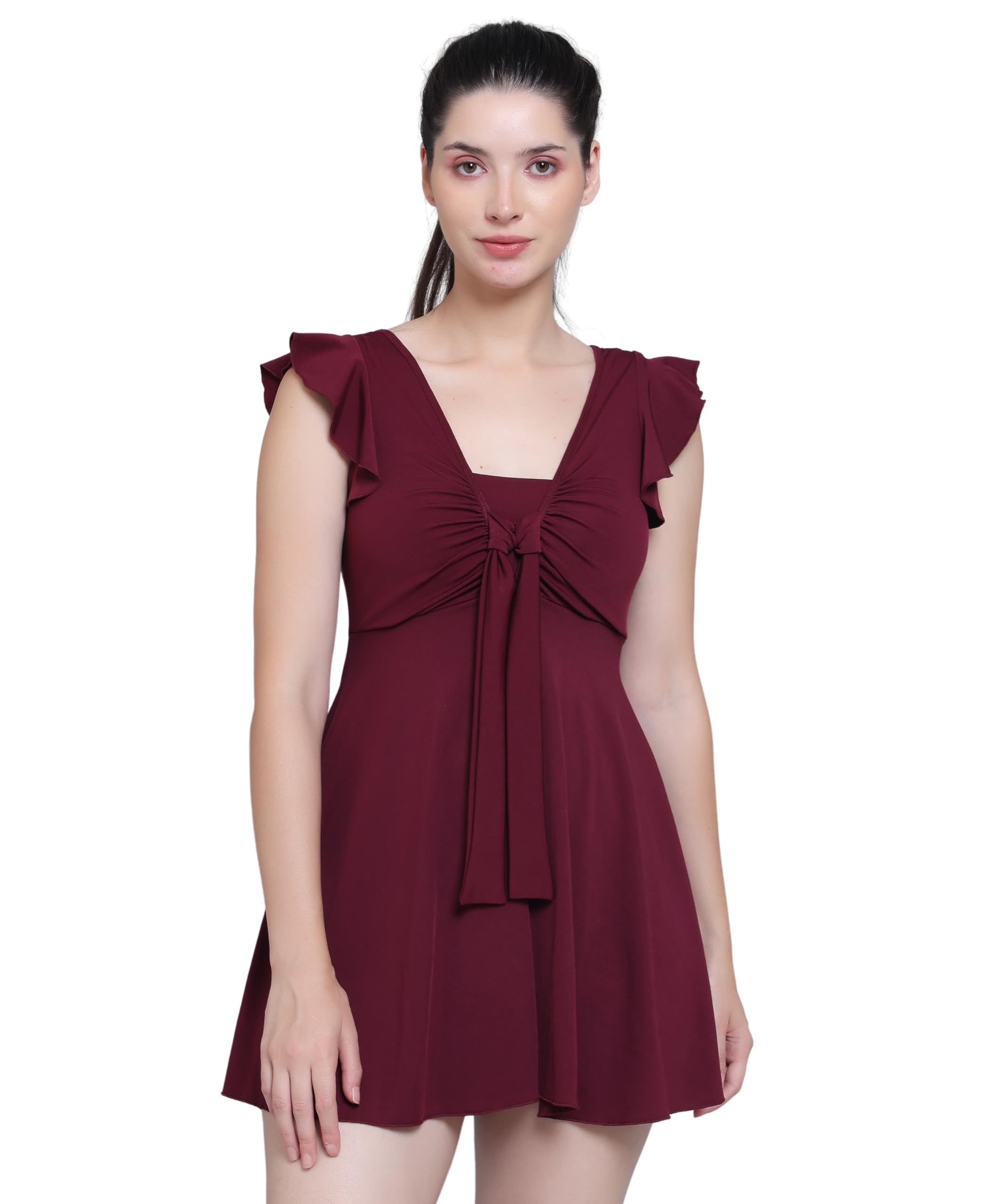 Sponsored Ad - Women Front Tie Knot Ruched Frock Style Padded One Piece Swimming Costume