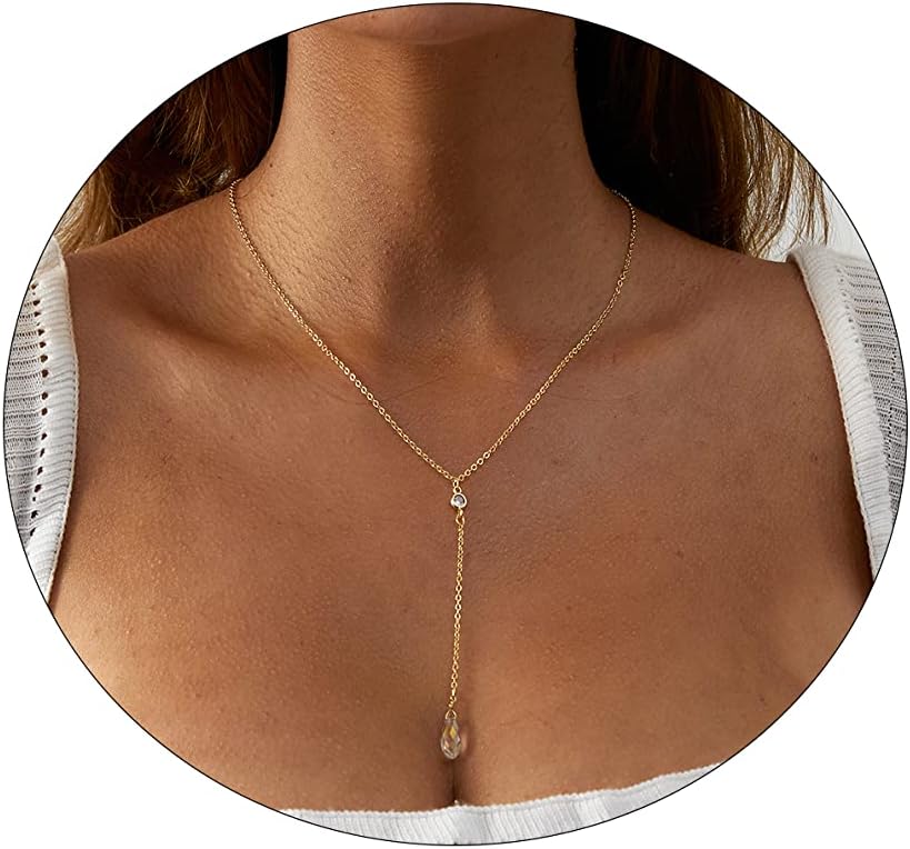 Kyerlyn Dainty Y Shape Necklace with Crystal Waterdrop 14K Gold Plated Clear Crystal Pendant Lariat Necklace Cute Adjustable Necklace Delicate Simple Fashion Jewelry Gift for Women