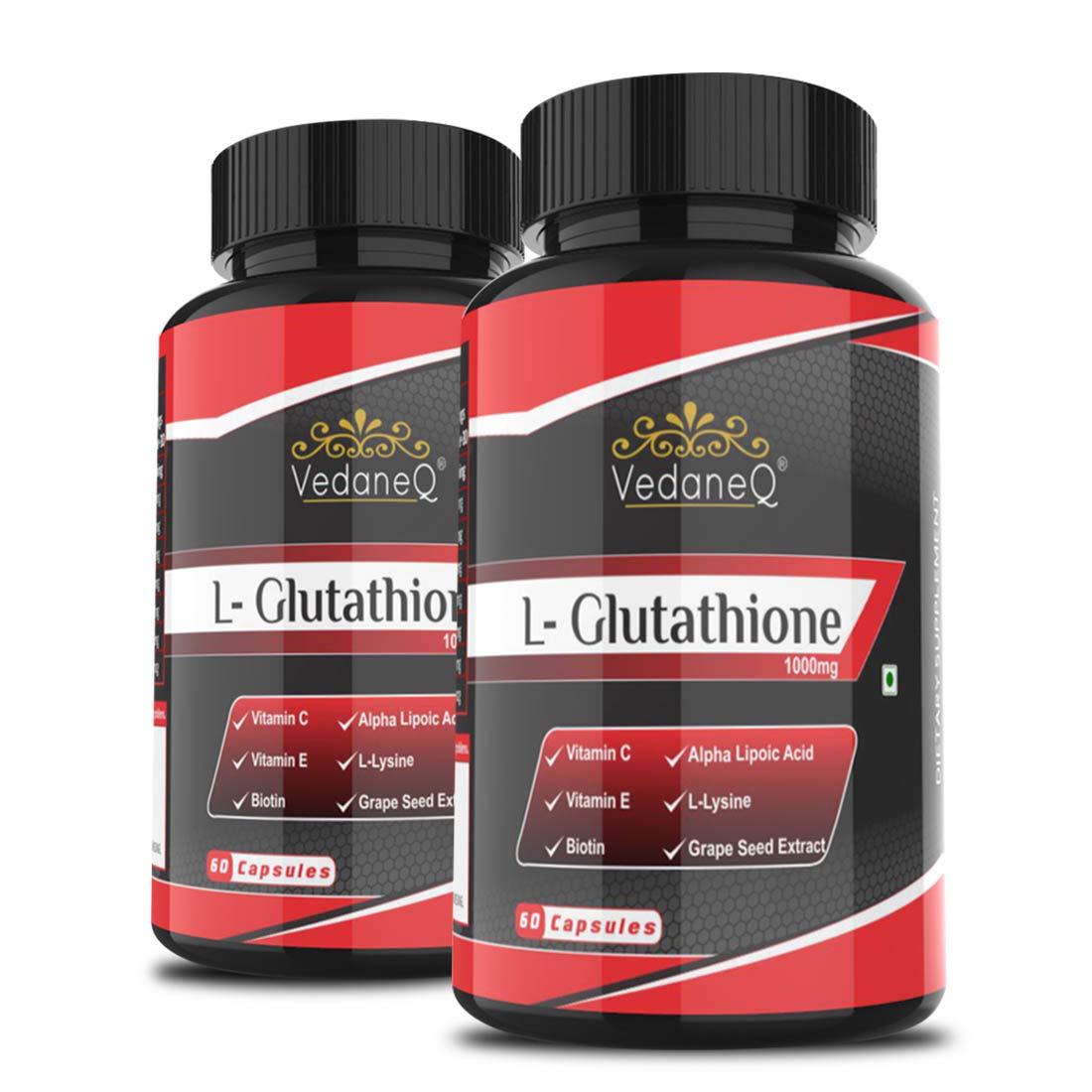 VedaneQ L Glutathione 1000mg Capsules with Grape seed, Vitamin C & E, Grape Seed and Alpha Lipoic Acid Supplement for Men & Women 60 Capsules
