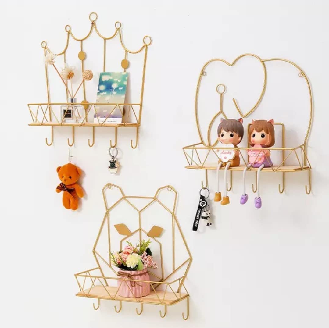 SNS DECOR Metal Wall Shelves Set of 3 | Crown, Elephant & Bear Shapes of Shelves Storage Kitchen Display Rack Industria | Living Room, Bedroom, Bathroom & Office