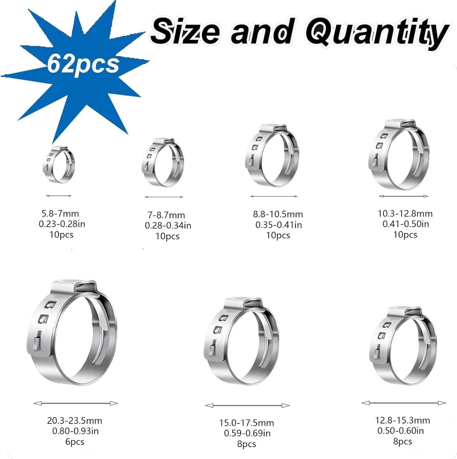 62pcs Hose Clamps 5.8-23.5mm Single Ear Stepless 304 Stainless Steel Hose Clamps Cinch Clamps Rings for Sealing Kinds