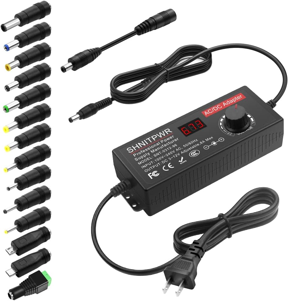 SHNITPWR 4V - 12V Power Supply 10A 120W AC to DC Adapter DC 4V 4.5V 5V 6V 7V 8V 9V 10V 11V 12V Voltage Adjustable Universal Power Converter Transformer 100-240V AC In with 14 Tips & Polarity Converter