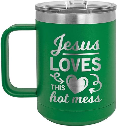 JESUS LOVES This Hot MeSS Taza de café de 15 oz con tapa superior deslizante | Taza de café de viaje aislado | Ideas de regalo de cumpleaños o