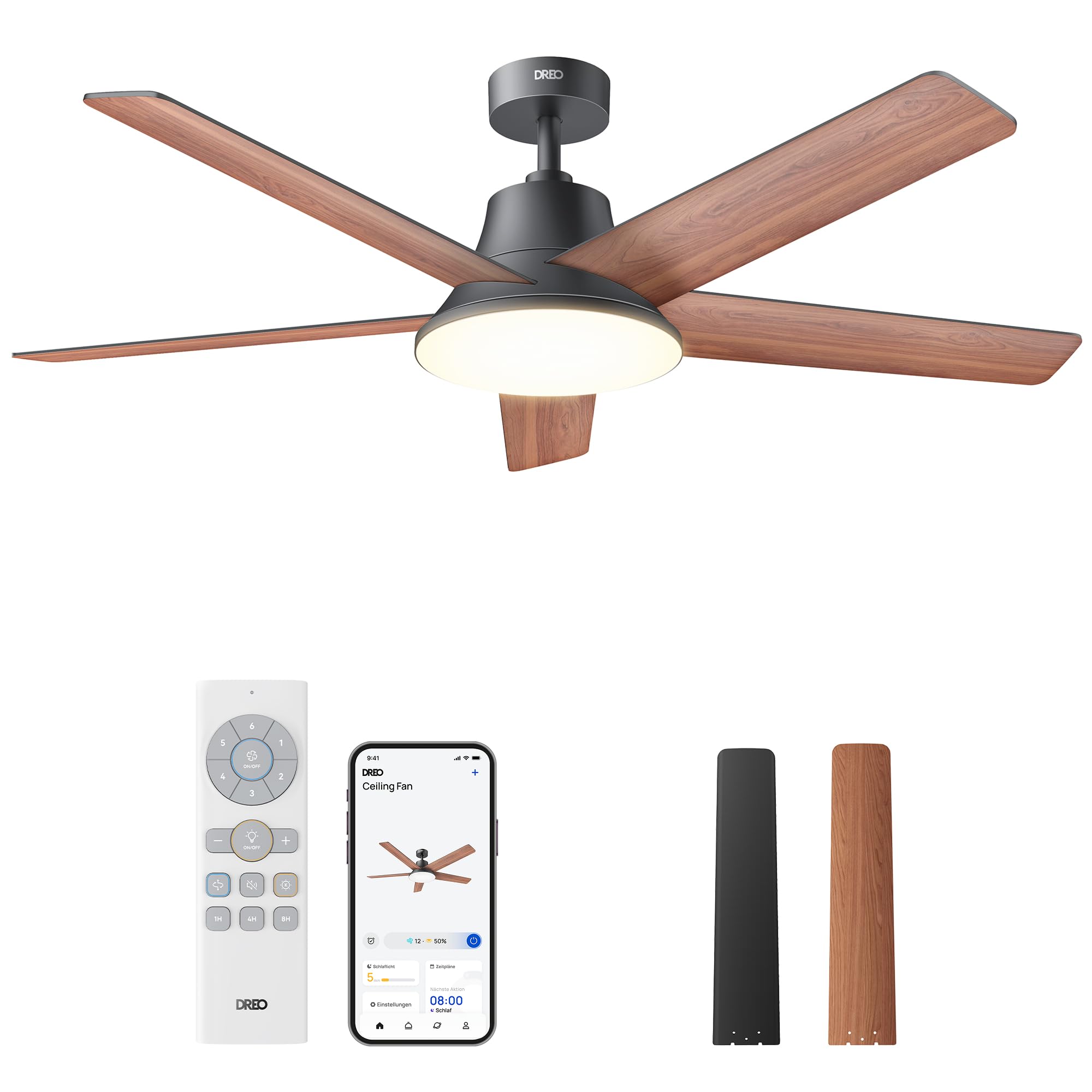DREO Smart Deckenventilator mit Licht, 132 cm, 12 Geschwindigkeiten, 3 Modi, stufenlos dimmbares LED-Beleuchtung, leiser DC-Motor, 12H-Timer, Fernbedienung/APP/Alexa, für Innenräume, Schwarz