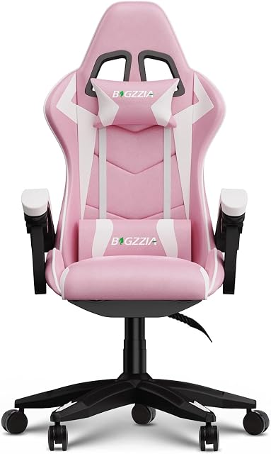 Bigzzia Gaming Chair Office Chair Desk Chair Swivel Heavy Duty Chair Ergonomic Design with Cushion and Reclining Back Support (Pink and White)