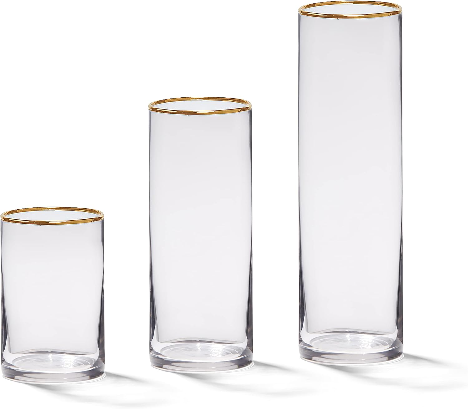 4E's Novelty Set of 3 Glass Cylinder Vases 6, 9, 10.5" Tall, 3.5" Wide, Gold Rim Clear Glass Hurricane Candle Holder, Pillar Floating Candle Holder, Flower Vase Wedding Centerpiece