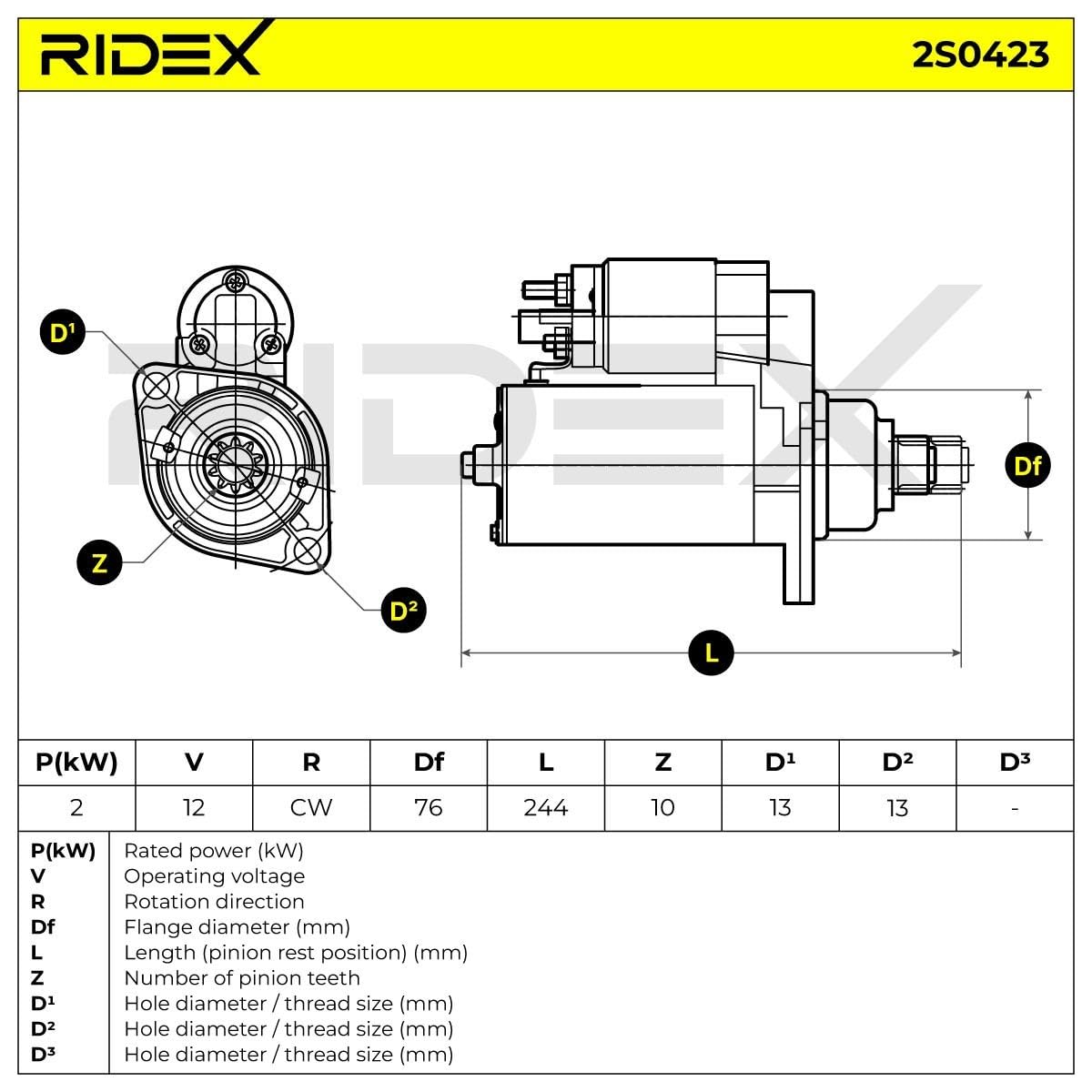 RIDEX 2S0423 Motor de arranque Compatible con VW Polo IV Hatchback 9N, 9A