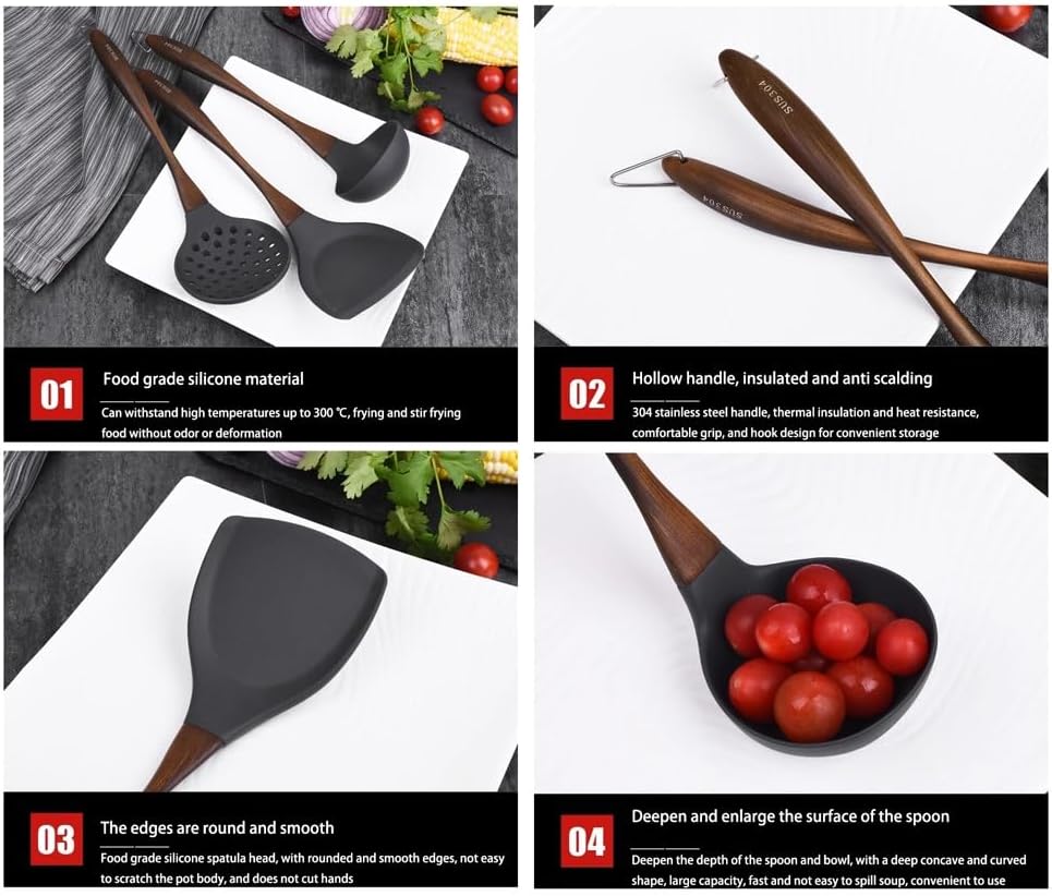 Silicone Cooking Utensils Set, Kitchen Utensils 7 Pcs Set, Non-stick Heat Resistant Silicone, Cookware with Stainless Steel Handle