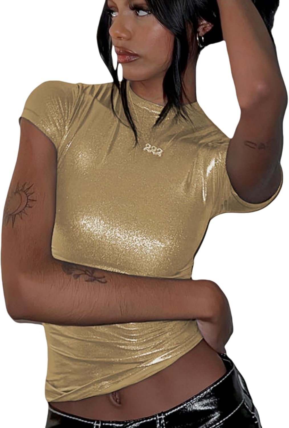 Women's Shiny Metallic Short Sleeve T Shirt Sexy Mock Neck Slim Crop Top Party Disco Club Tees - Image 4