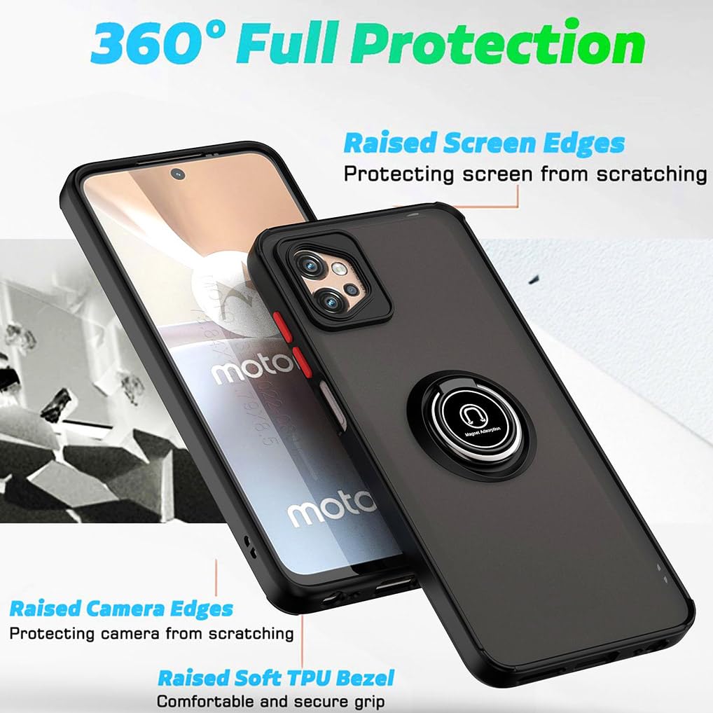 SEAHAI Cover per Motorola Edge 60 Pro, Glassato Traslucido Dura PC Protettiva Custodia Silicone TPU Bumper Antiurto AntiGraffio Case con 360° Anello Supporto, Nero