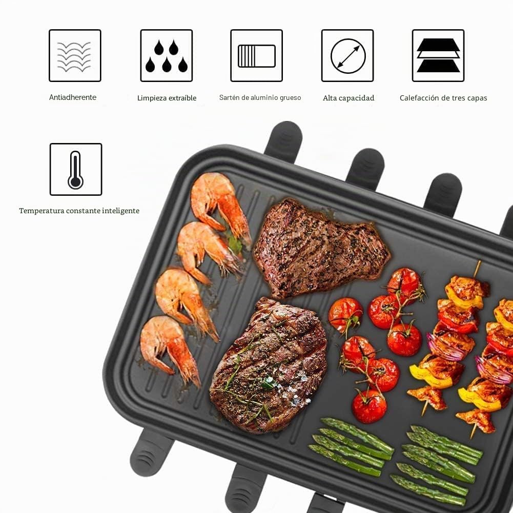 Raclette 8 Personas, Parrilla Electrica Barbacoa, Grill Electrico, 1500W | Con 8 mini-sartenes, plancha grill antiadherente, grill electrico de sobremesa y control de temperatura variable