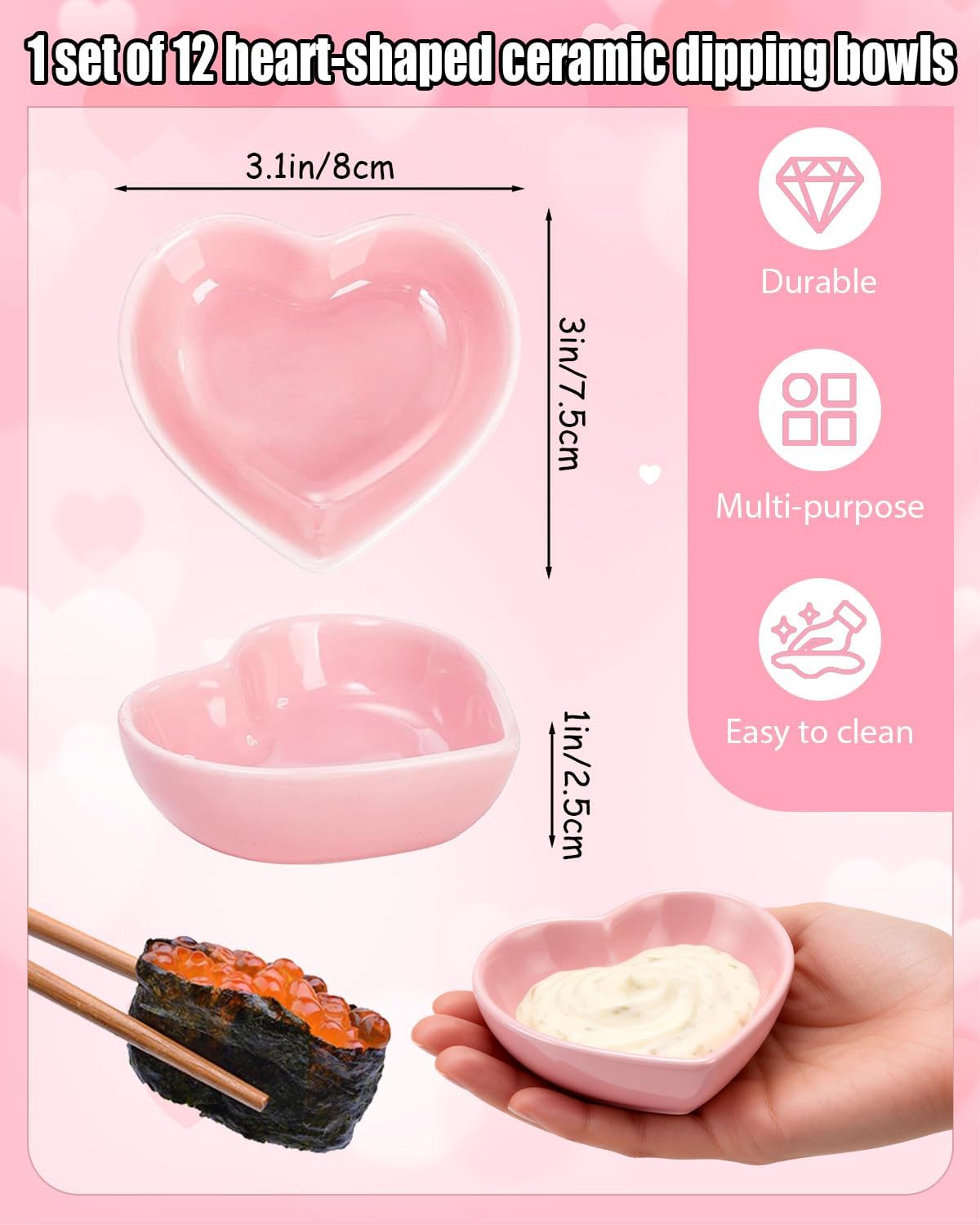 Heart Shaped Bowls,12 Set White Ceramic Valentine's Day Plates, Wedding & Mother's Day Gift, Appetizer Salad Plates, Candy & Sauce Dishes, Sushi Dipping Bowls, Small Serving Bowls (Pink)