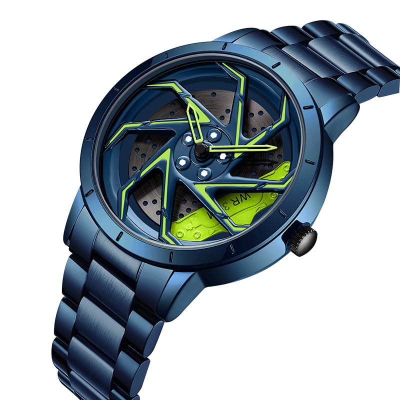 Image of FANMIS Men's Racing Car Wheel Watch 3D Spinning Dial Stainless Steel Watch | Creative 3D Spinning Car Quartz Large Skeleton Face and 30M Water Resistance Designed for Car Fans and Daily Wear.