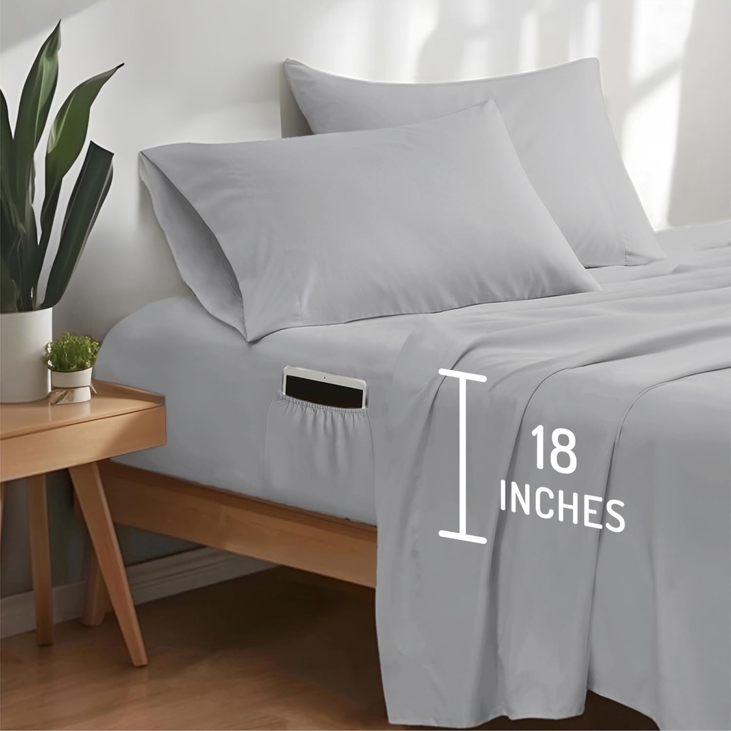 Coolmax® Cooling Bed Sheets King Size with 18" Extra Deep Pocket, Moisture Wicking Cold Sheet Set for Hot Sleepers and Night Sweats, Cozy for All Seasons, Light Grey 4 Pieces